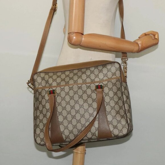 GUCCI GG Supreme Web Sherry Line Bag PVC 2way Beige Gold 40 02 015 Auth yk18574 - Picture 1 of 14